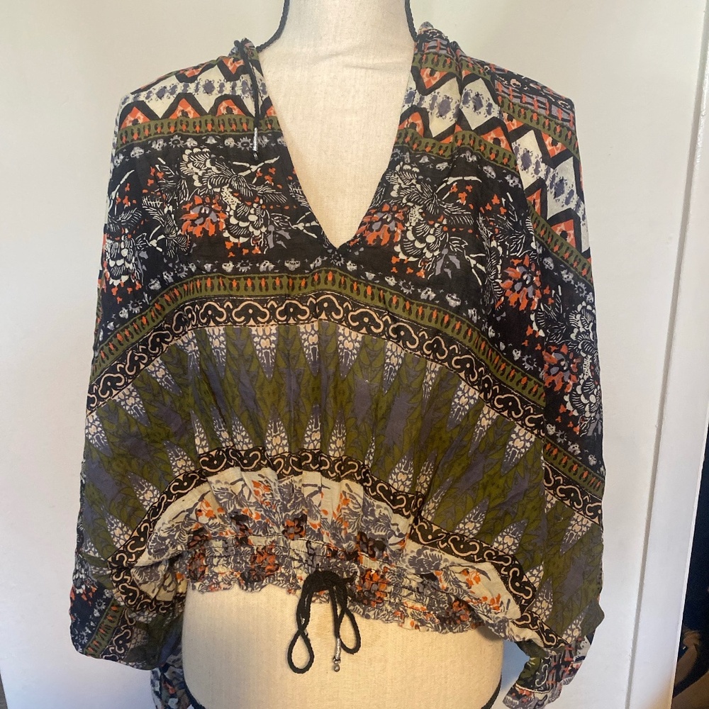 Free People Boho Hooded Crop Top XS Multicolor V-Neck Long Sleeve
